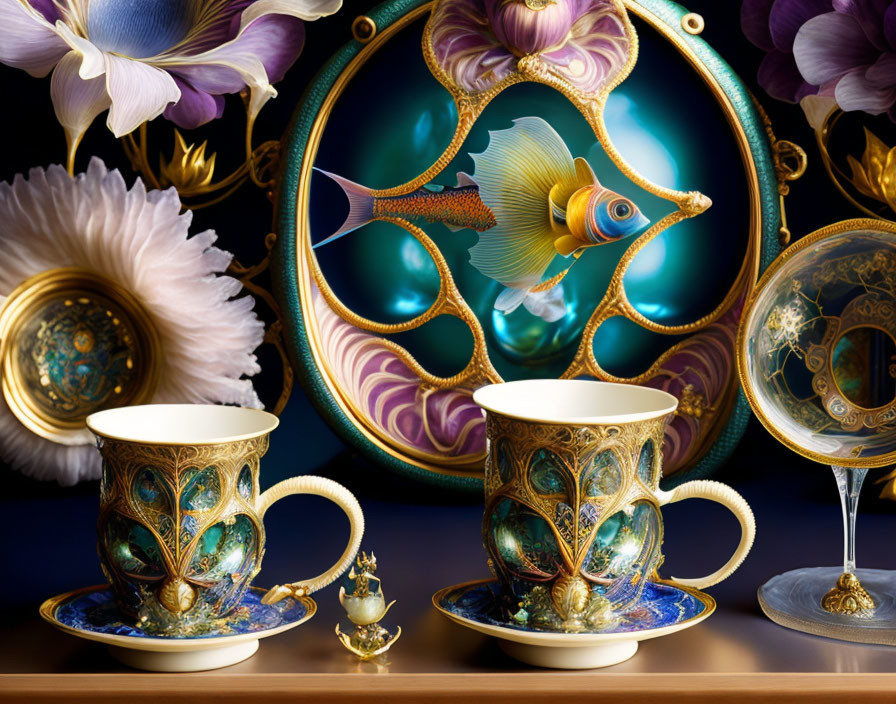 Intricate gold-patterned tea set on ornate shelf with fantasy backdrop.