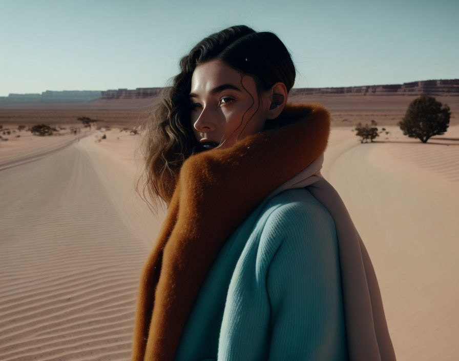 Stylish woman in blue coat on desert road with blowing hair