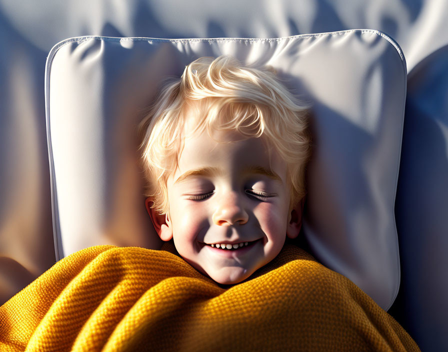 Young child peacefully sleeping on yellow blanket with white pillow in soft light