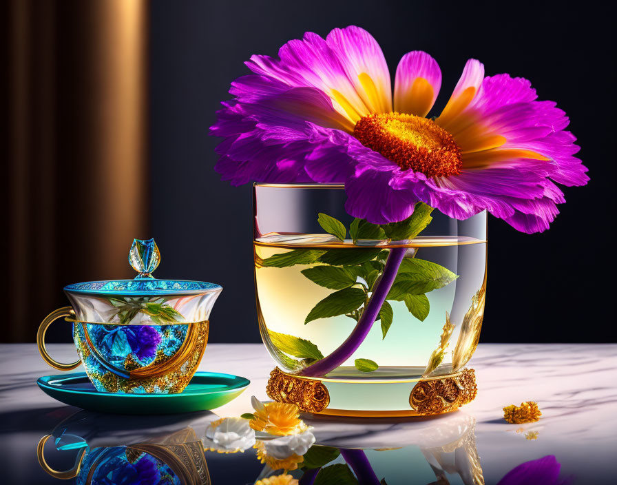 Composite image of golden-trimmed glass with purple flower and ornate teacup on reflective surface