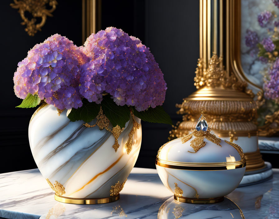 Luxurious Purple Hydrangeas in Marble Vase with Ornate Trinket Box