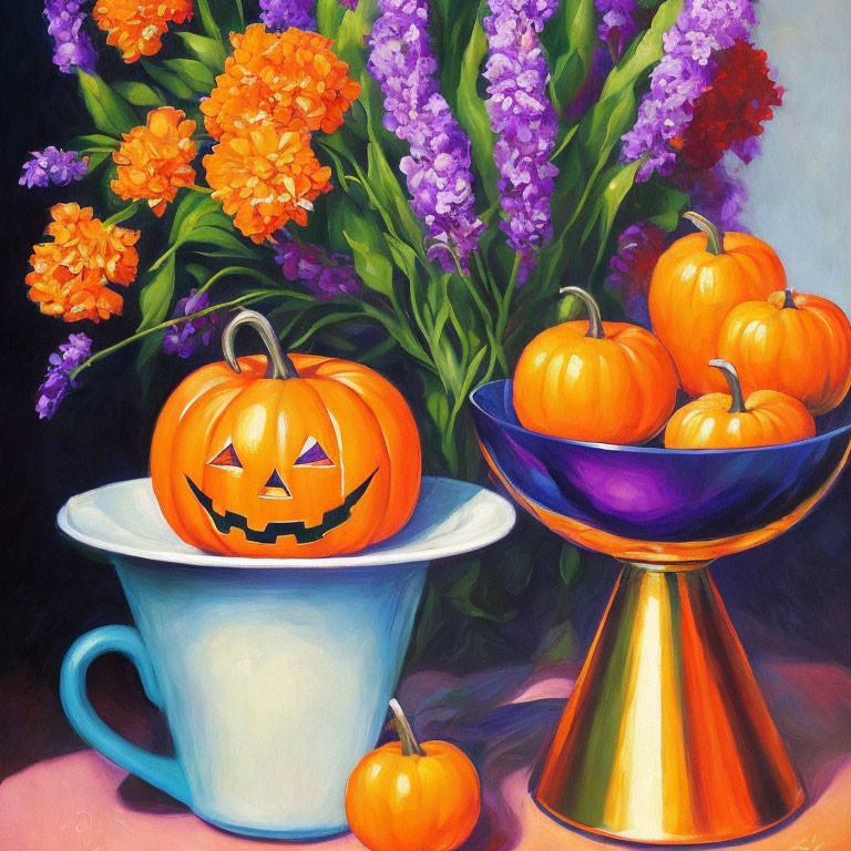 Vibrant Halloween-themed painting with jack-o'-lantern and pumpkins.