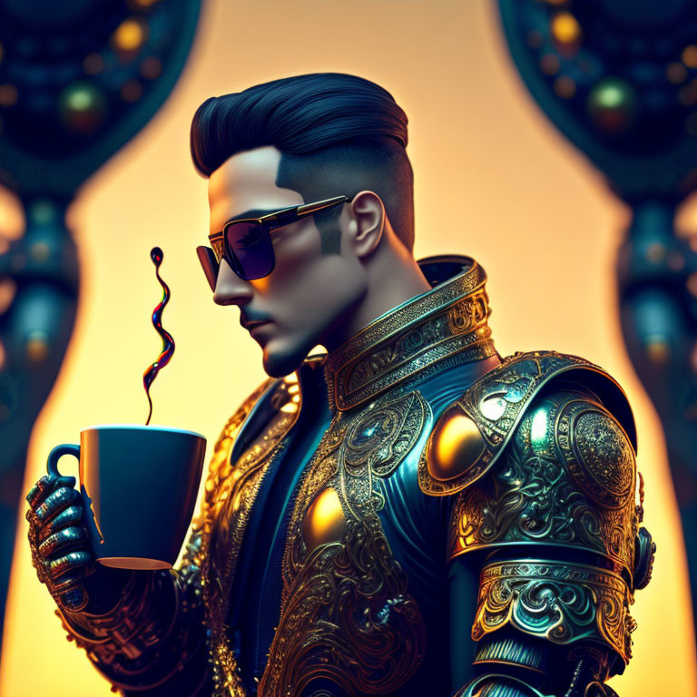 Stylized 3D illustration of person in armored attire with slicked-back hair and sunglasses holding