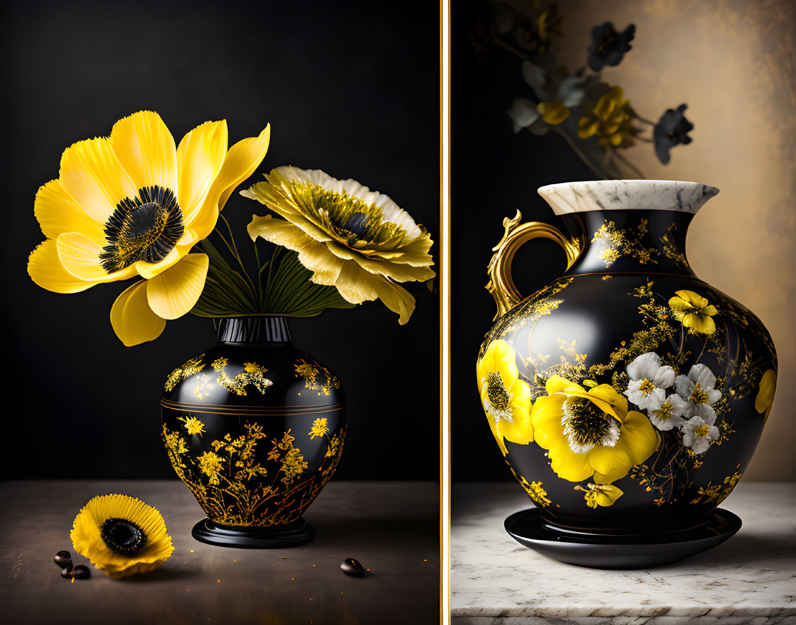 Vibrant black vase with golden floral patterns and yellow poppies on dark background