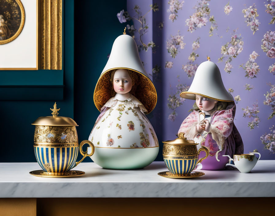 Porcelain figurines of young girls with teapot set on floral wallpaper table