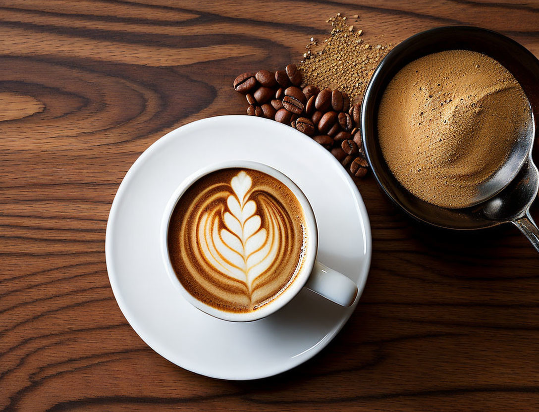 Cappuccino with Heart Latte Art on Saucer and Black Coffee on Wooden Table