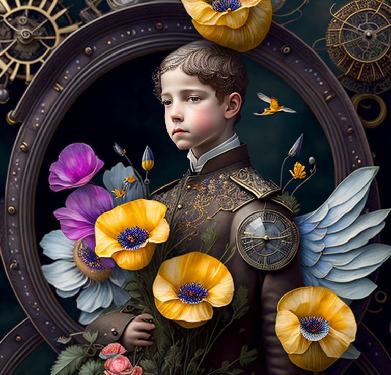 Young boy portrait with vibrant flowers, golden gears, bird, and steampunk theme.