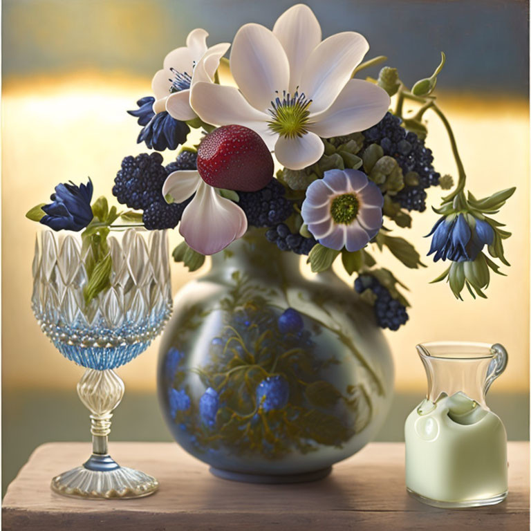 Delicate bouquet of flowers in porcelain vase with wine glass and green jug