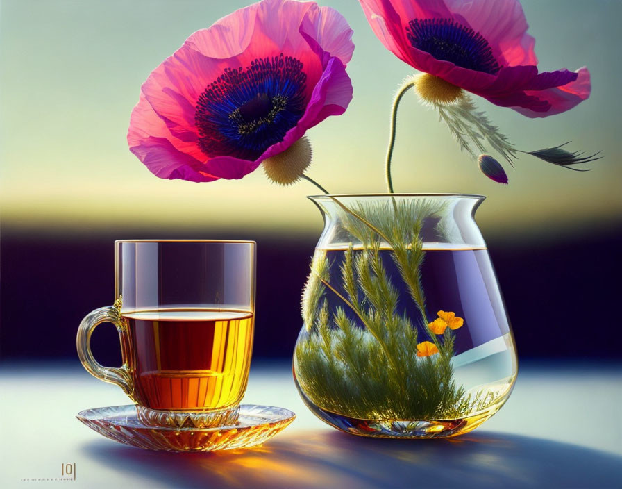 Tranquil still life with tea cup, vase, flowers & poppies