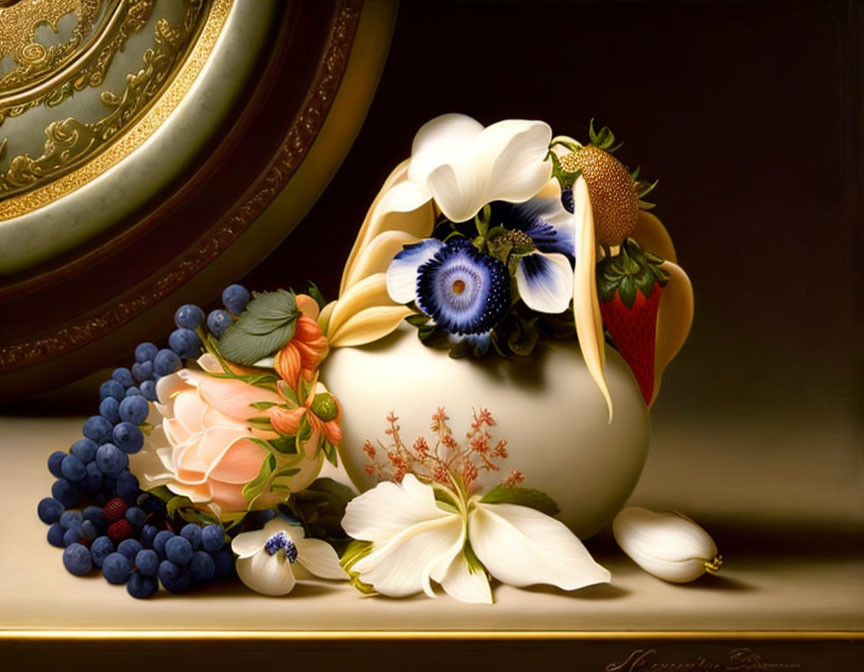 Hyper-realistic still life painting of fruits and flowers on dark background