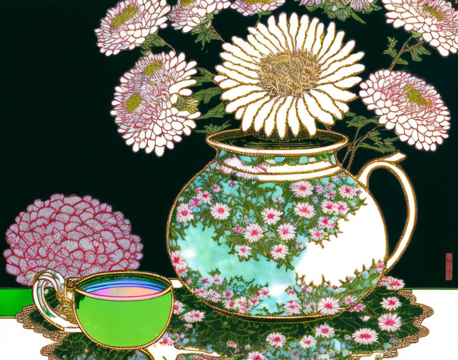 Colorful Floral Still-Life Illustration with Teapot and Cup