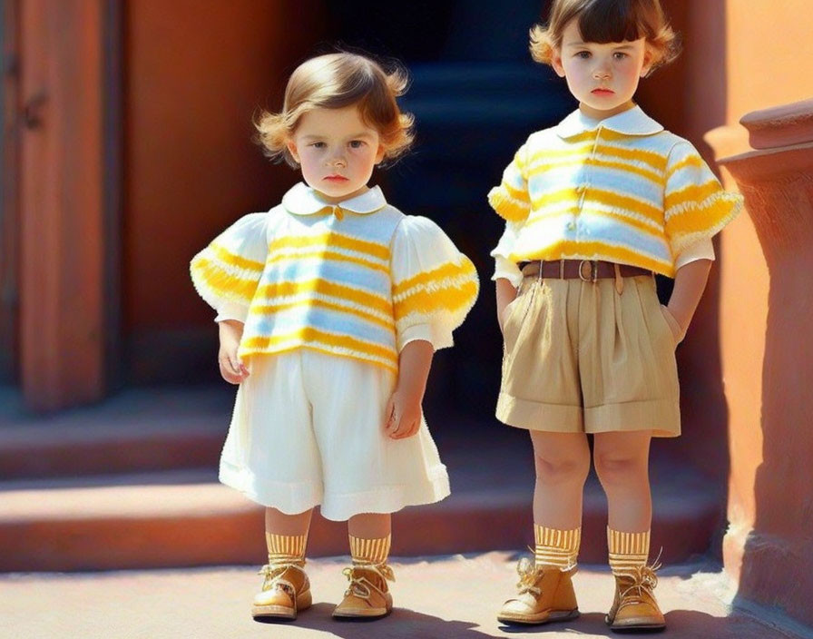 Children in Matching Yellow-Striped Outfits with Solemn Expressions