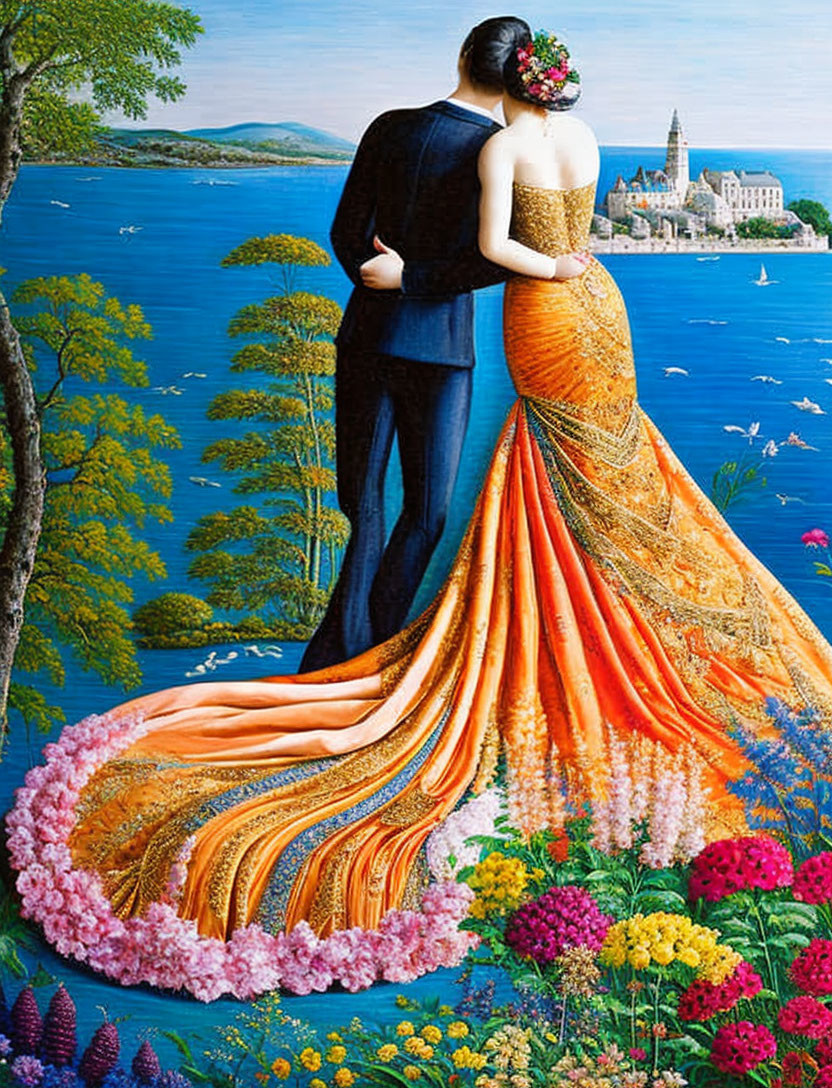 Embracing couple by lakeside with woman in gold and orange dress amidst vibrant flowers.