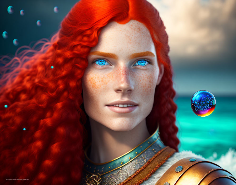 Digital artwork: Woman with red curly hair, blue eyes, freckles, intricate armor, and