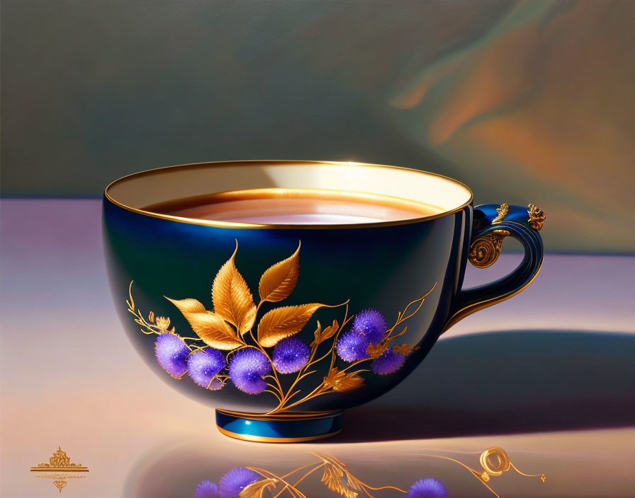 Dark Blue Teacup with Golden Leaves and Purple Flowers on Serene Background