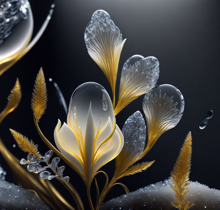 Abstract floral digital art with glass petals and golden accents on dark background