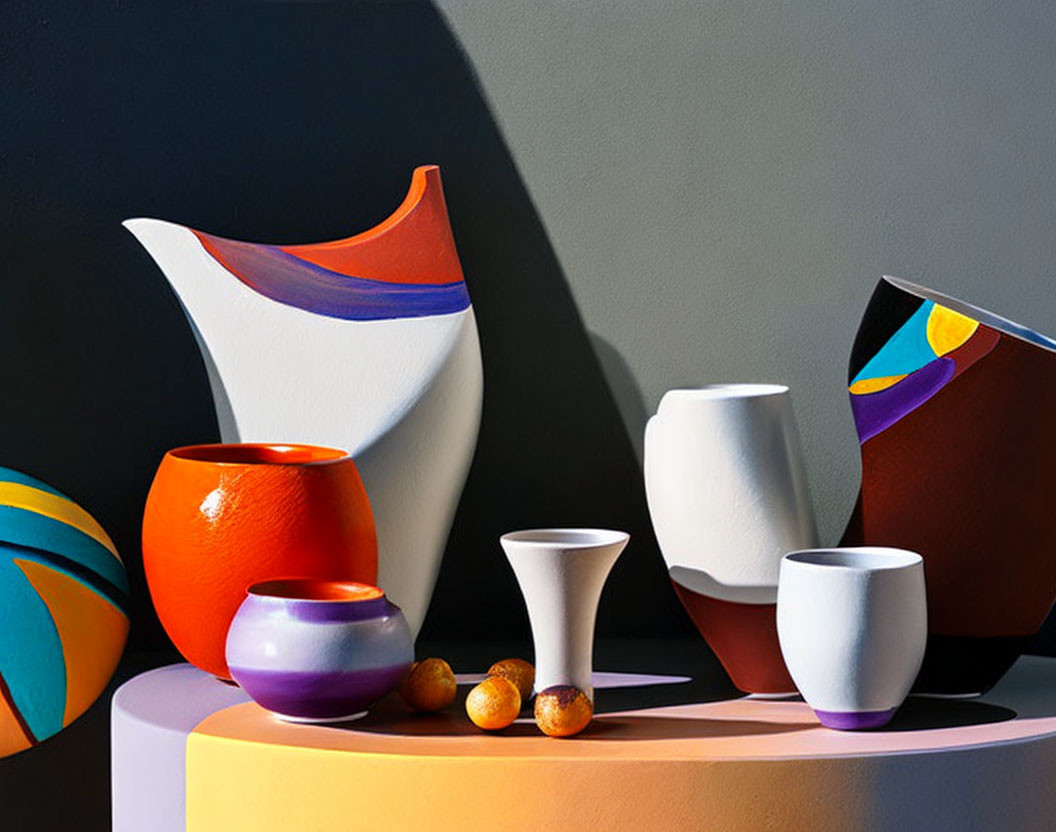 Vibrant ceramic vases and fruits on table against shadowed wall