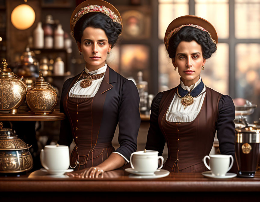 Vintage Attired Women at Elegant Café Counter with Tea Sets