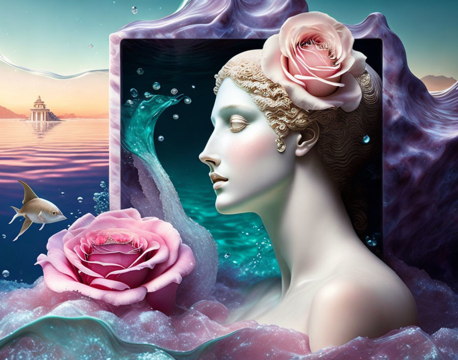 Surreal portrait featuring woman's face with ocean elements and rose, fish, and twilight sky