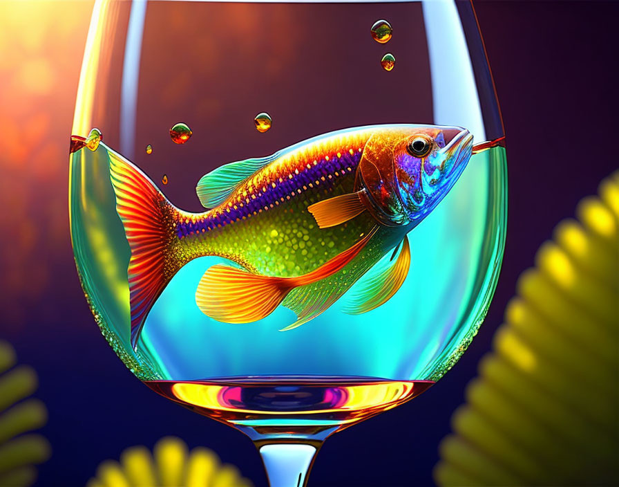 Colorful Fish Swimming in Wine Glass Against Warm Background