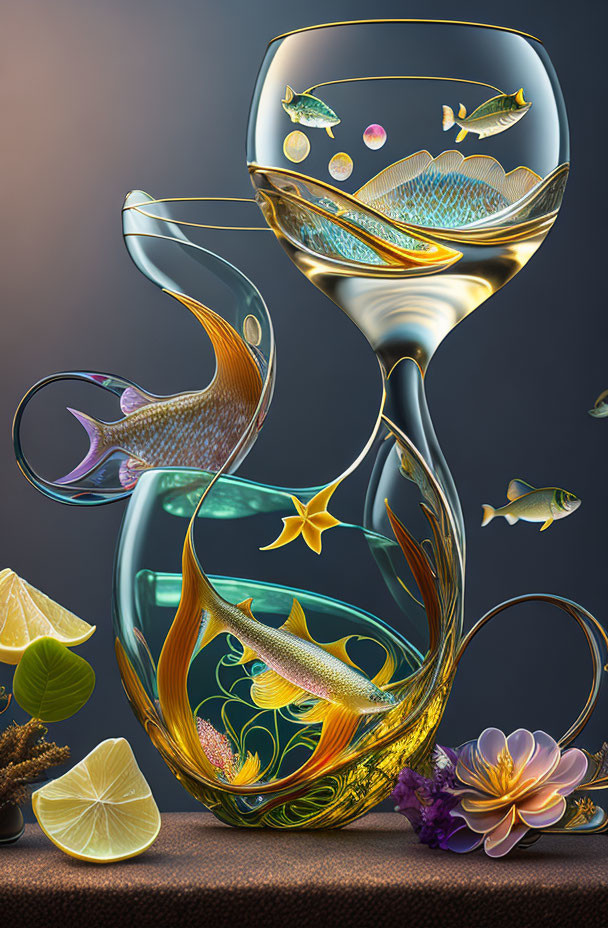 Surreal aquatic scene with fish in twisted glasses, citrus, and flowers