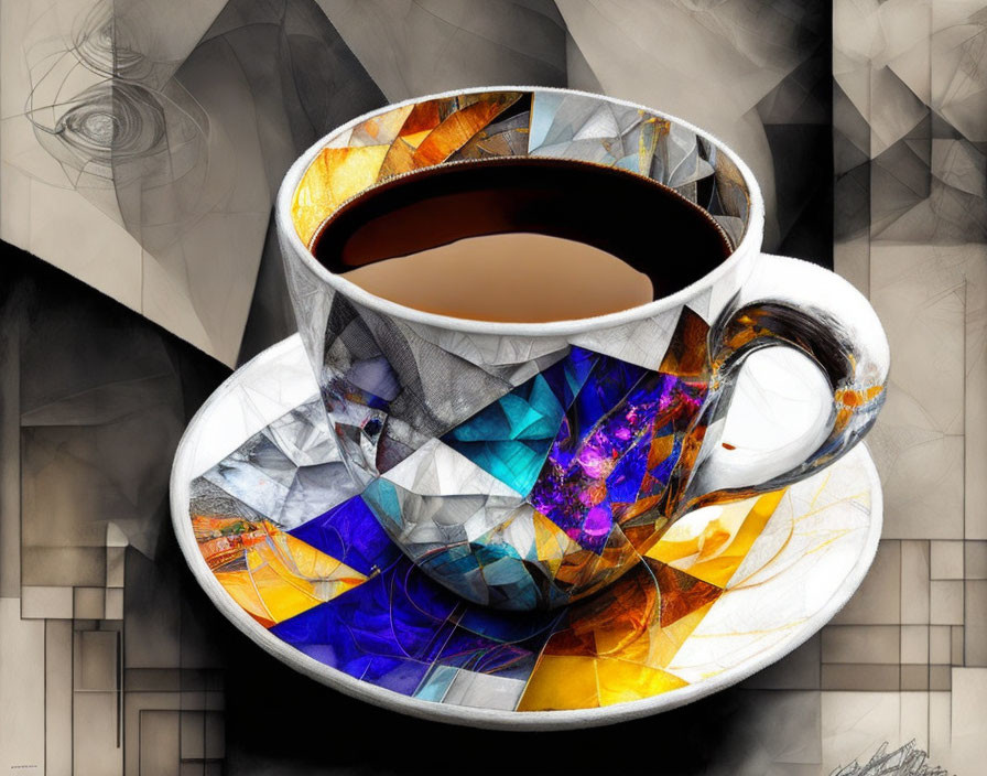 Colorful Geometric Patterns on Coffee Cup Against Abstract Background