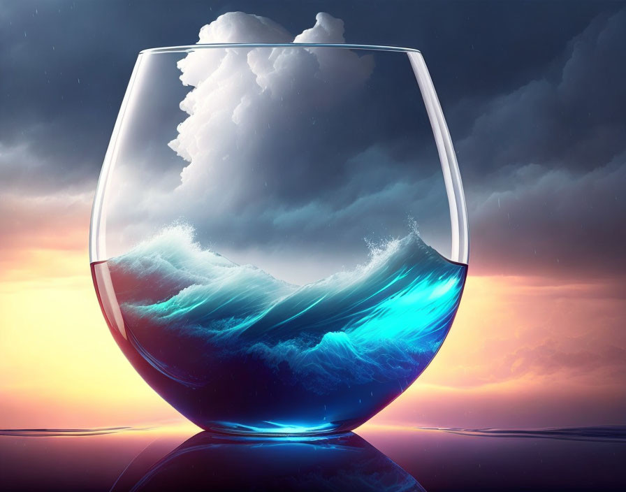 Surreal glass with ocean wave and clouds under twilight sky