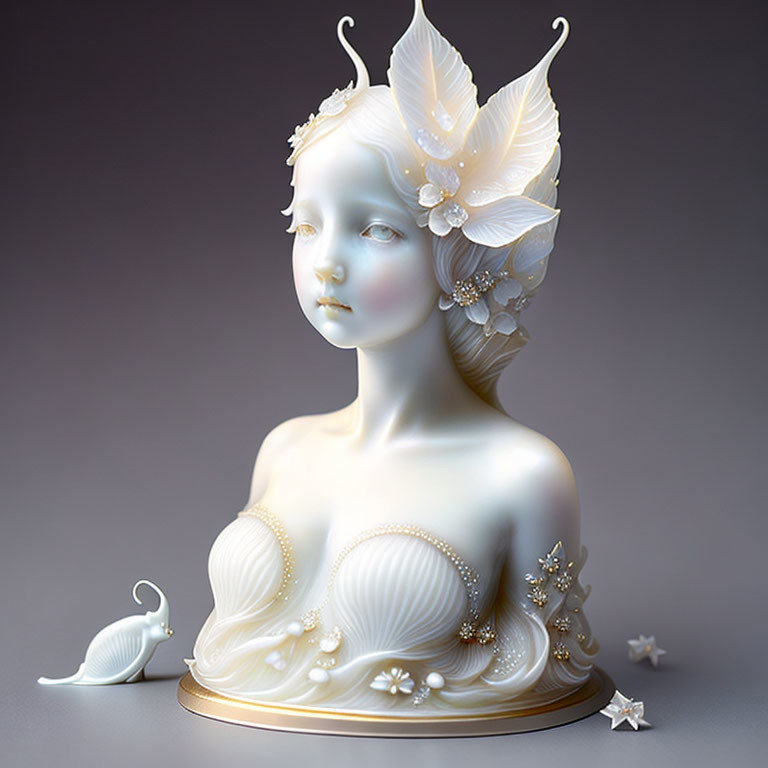 Digital artwork featuring pensive female figure with alabaster skin, butterfly, floral, and marine motifs