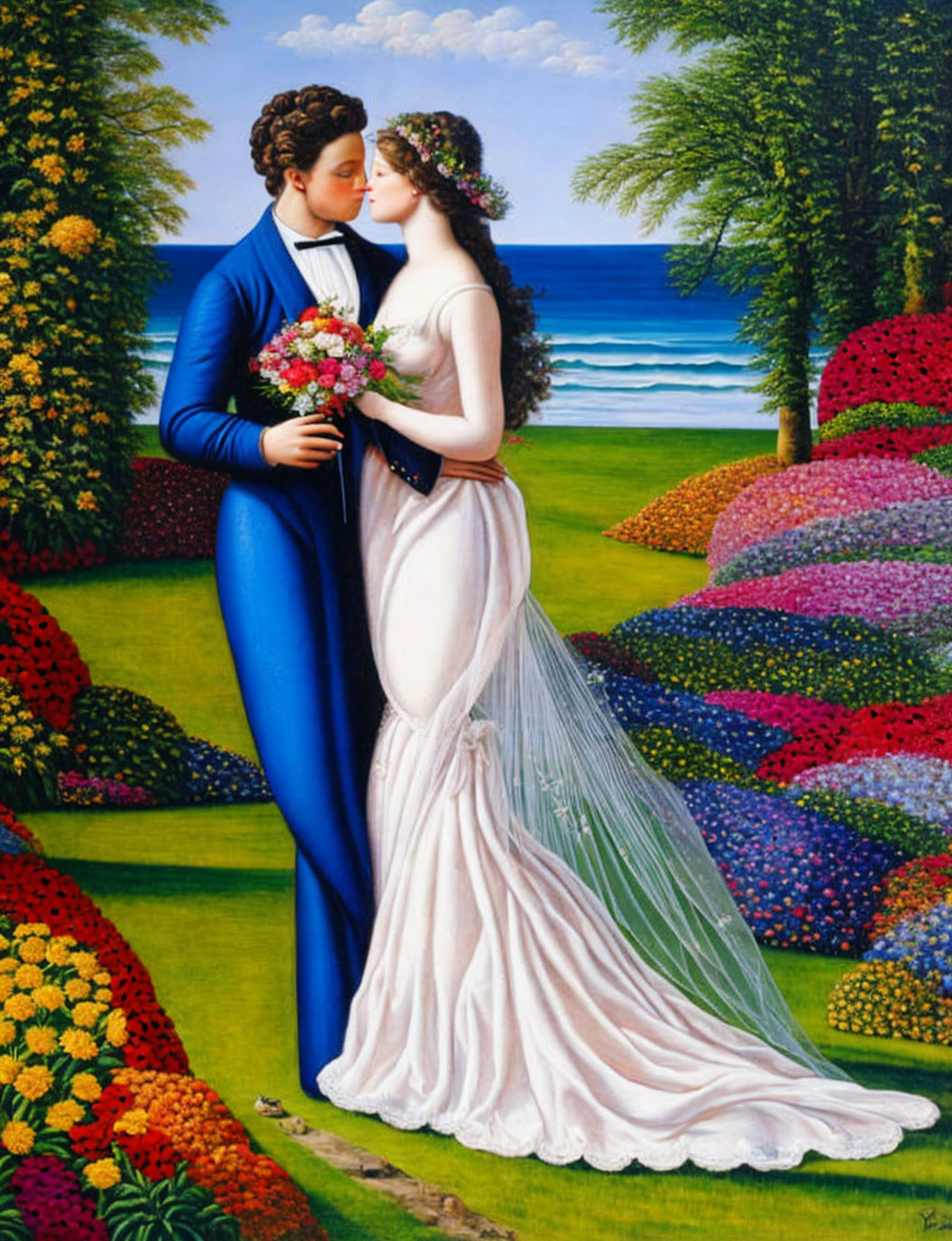 Colorful painting of couple kissing in formal attire with vibrant flora and ocean background