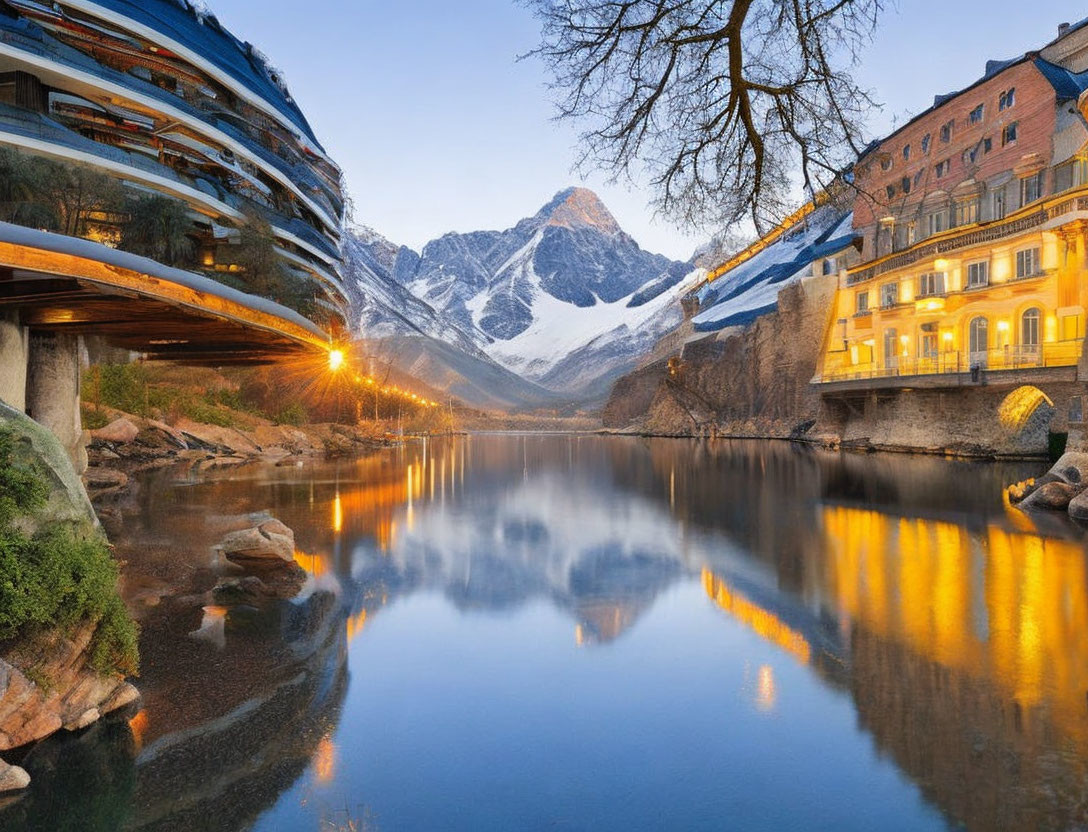 Twilight river scene with rocks, modern buildings, and snow-capped mountain