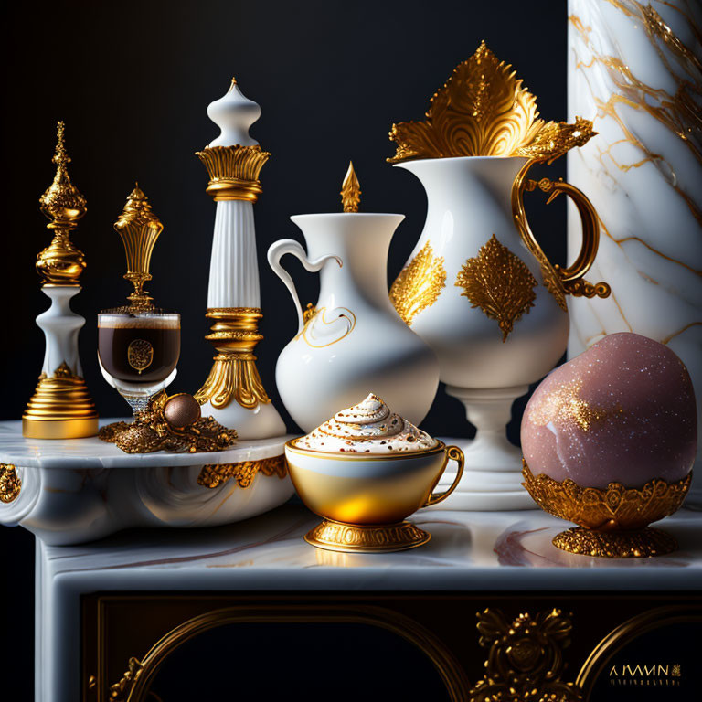 Luxurious Gold Embellished Tableware on Dark Background