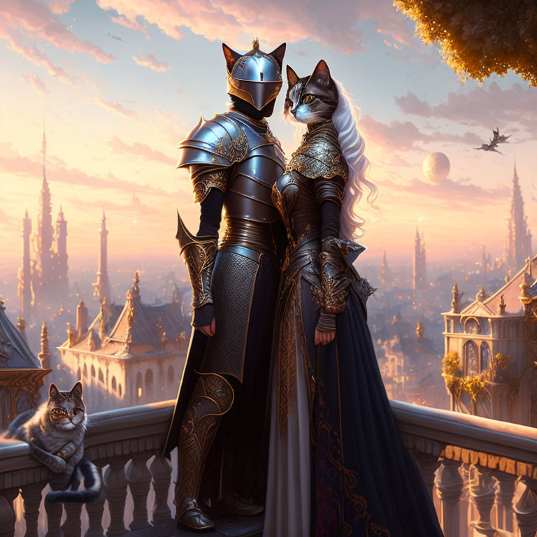 Two cats in knightly armor on castle balcony at sunset, fantasy cityscape with flying ships.