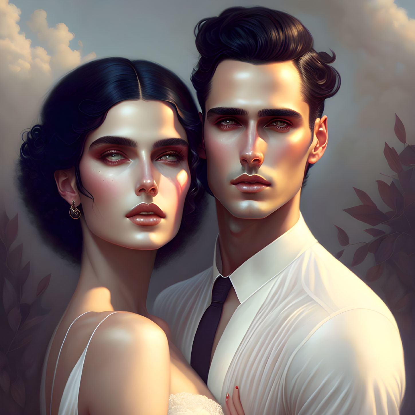 Stylized couple portrait with sharp features in white and shirt against foliage.