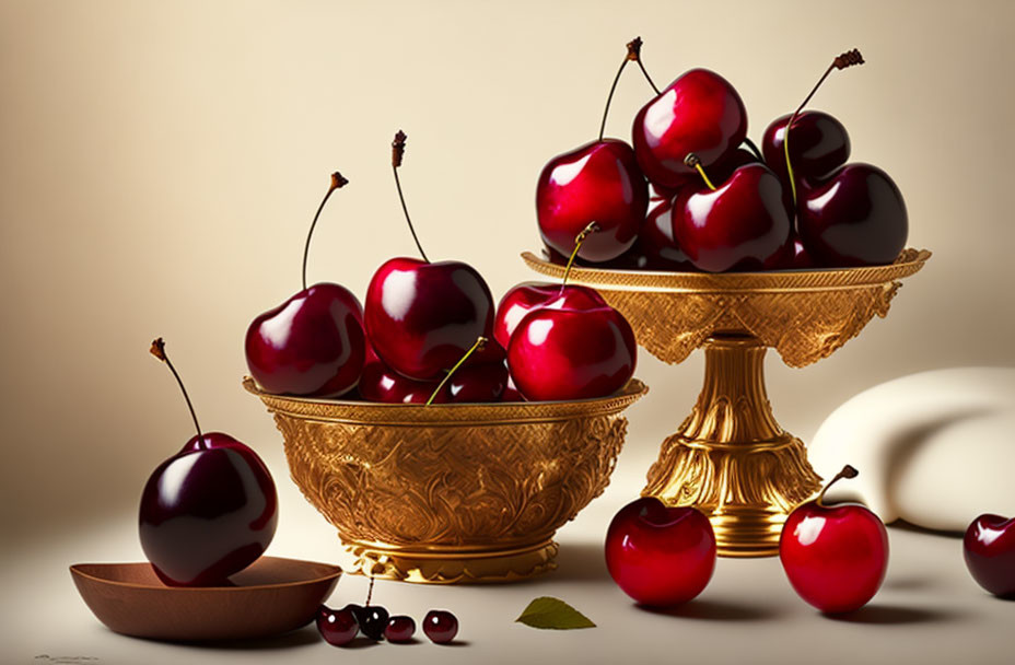 Ripe cherries in golden and wooden bowls on beige surface