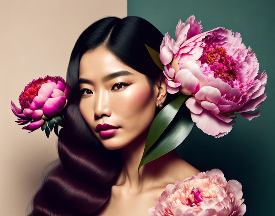 Woman with Pink Peonies in Sleek Hair on Two-Toned Background