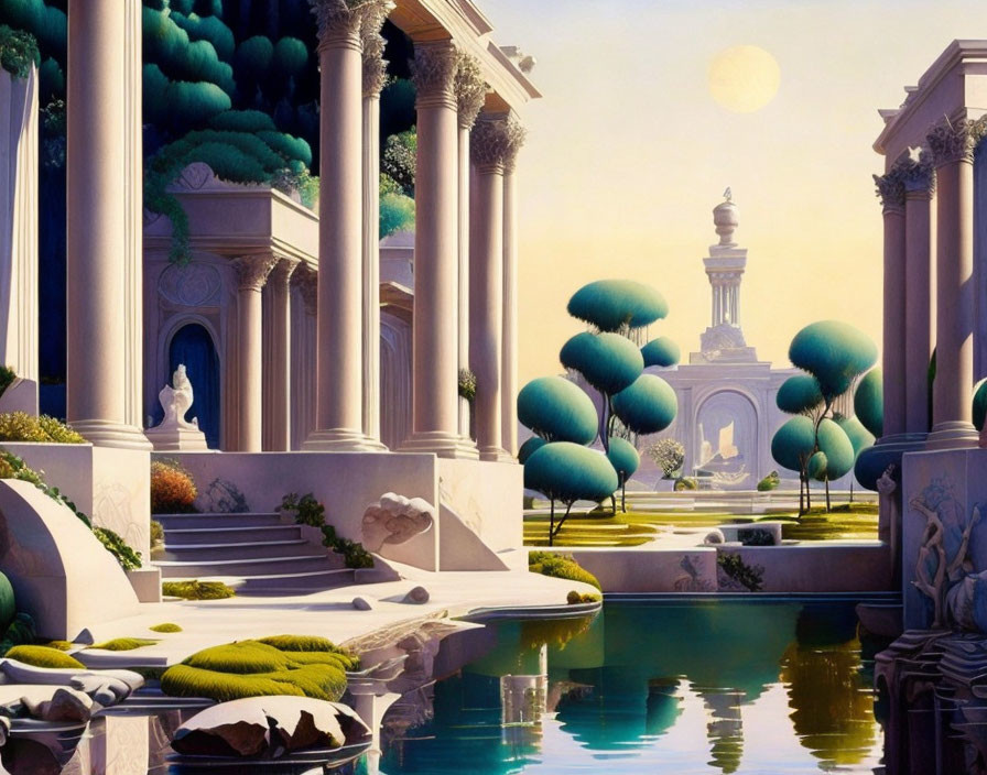 Tranquil fantasy landscape with classical architecture and lush trees