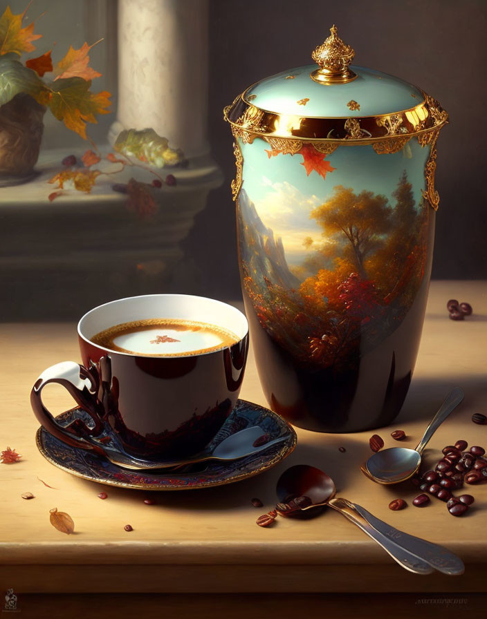 Classic Still Life with Coffee Cup, Beans, Spoon, and Urn in Soft Autumn Light