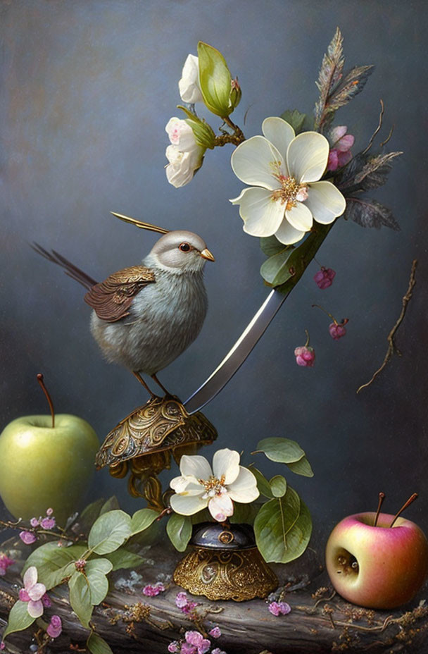 Long-beaked bird on flower with ornate apples and blossoms on moody background