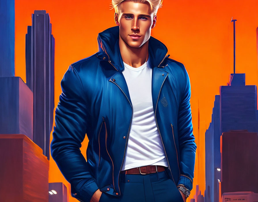 Blond Man in Blue Jacket with Cityscape Background Illustration
