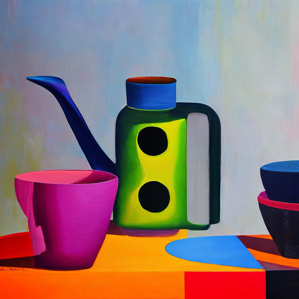 Vibrant still life painting with green watering can, pink cup, blue bowl on geometric background