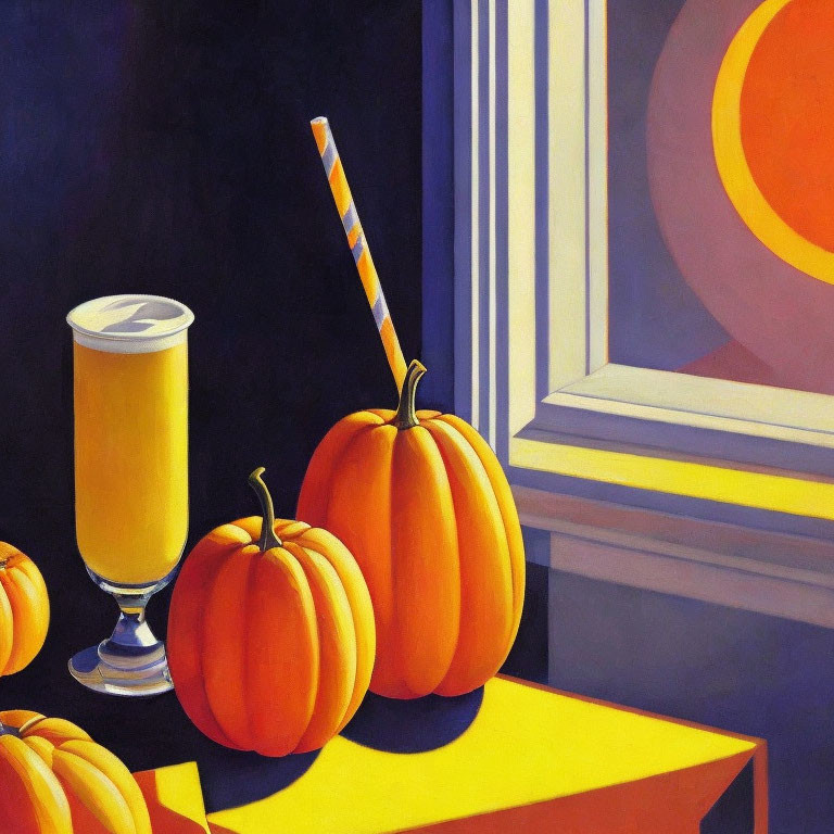 Stylized painting of three pumpkins on yellow table with beverage and sunset view