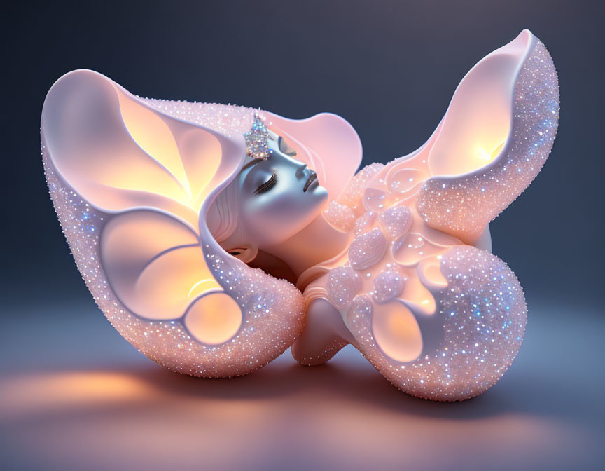 Surreal image of ethereal being with butterfly wings and crystals