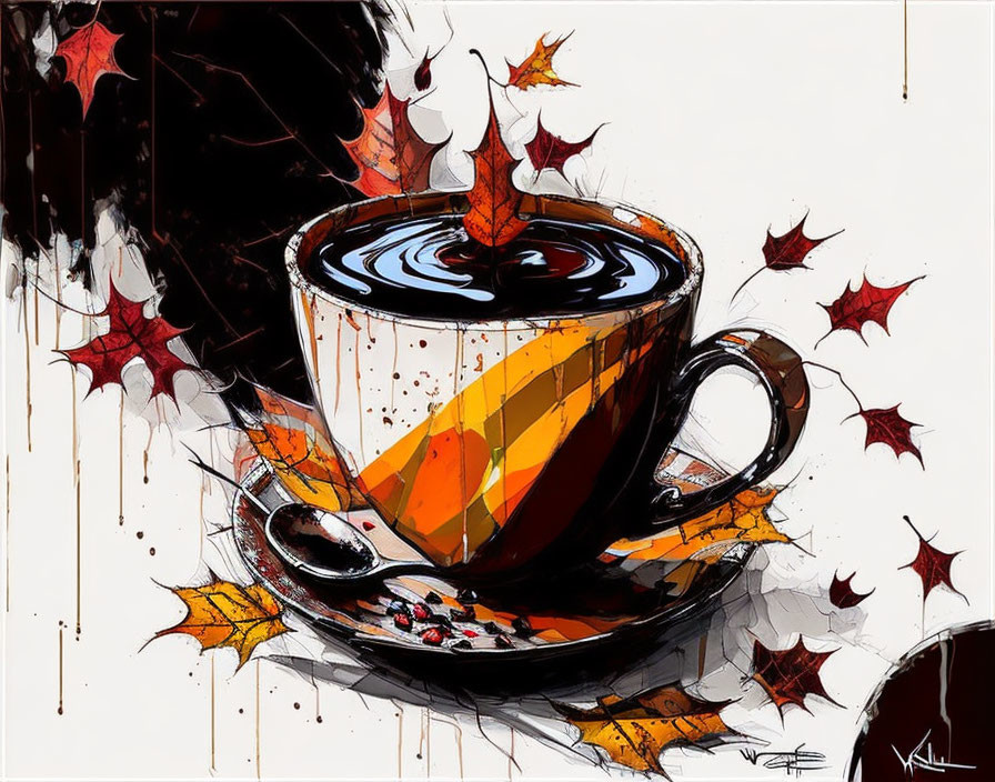 Stylized image: Coffee cup with autumn leaves and dynamic background