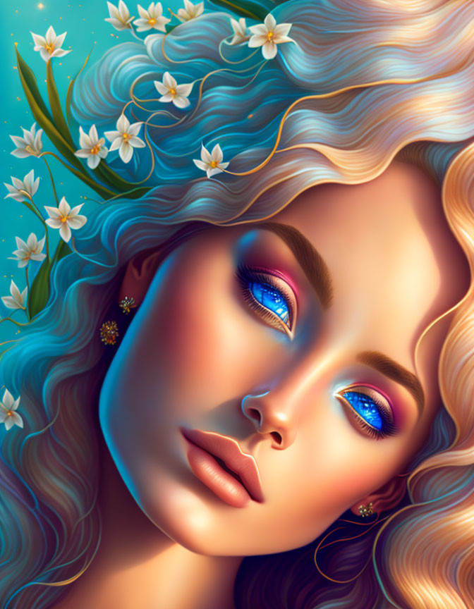 Woman with flowing hair and floral adornments, vibrant blue eyeshadow, serene expression, teal background