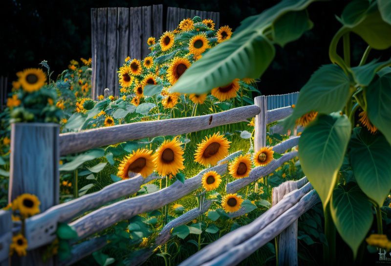 Wooden Fence with Blooming Sunflowers and Leaves in Foreground