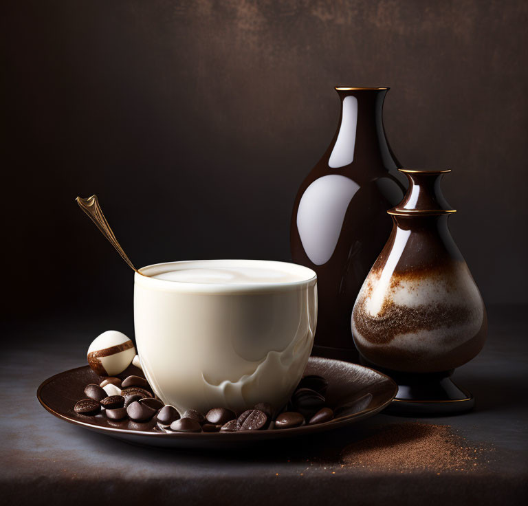 Foam art coffee cup with chocolate pieces and ceramic pitcher on moody background