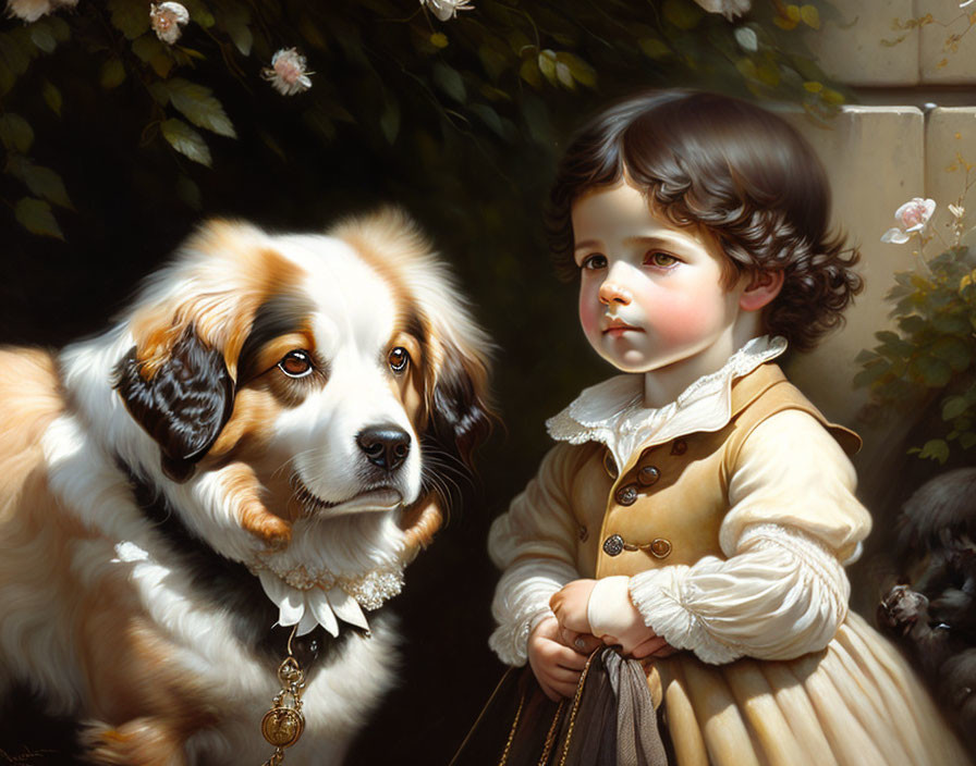 Child with Curly Hair and Dog Among White Blooms in Sunlit Setting