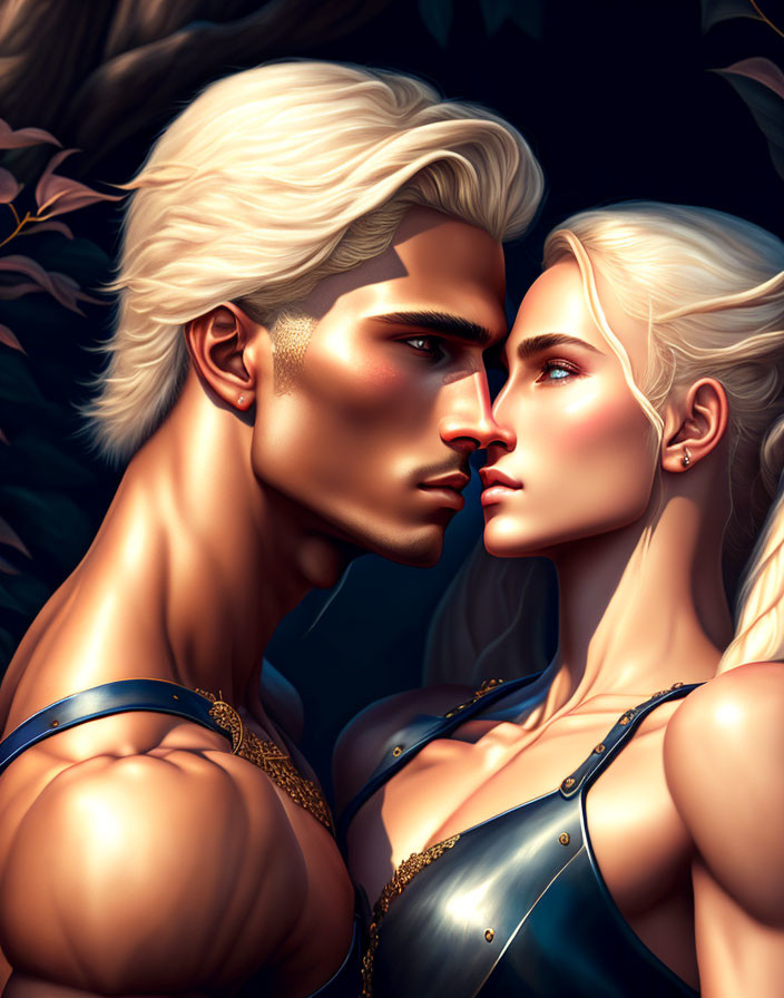 Muscular man and woman with white hair in intense embrace against dark backdrop