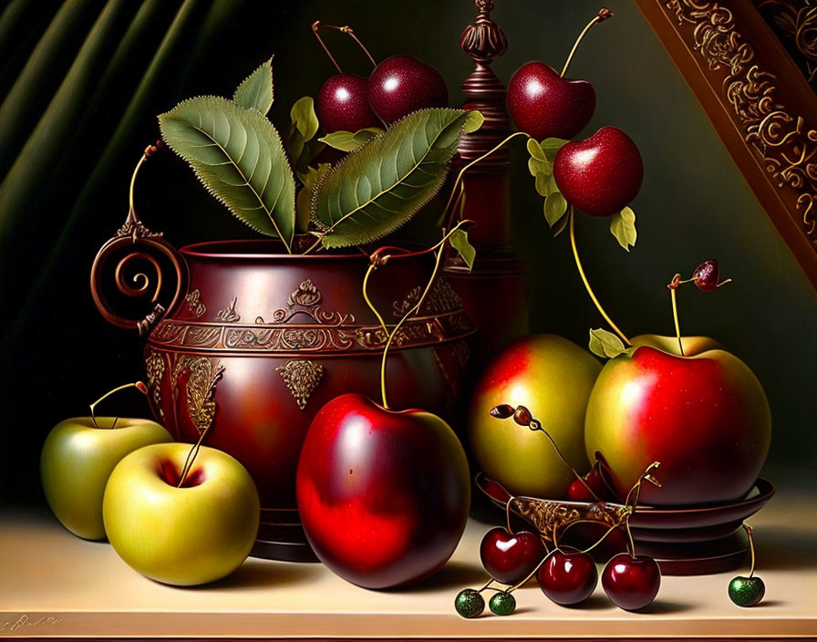 Classic Still Life Painting: Shiny Apples, Cherries, Pot, Picture Frame on Reflective