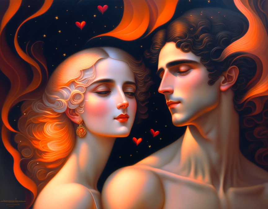 Romantic couple illustration with flowing hair, warm colors, and heart symbols